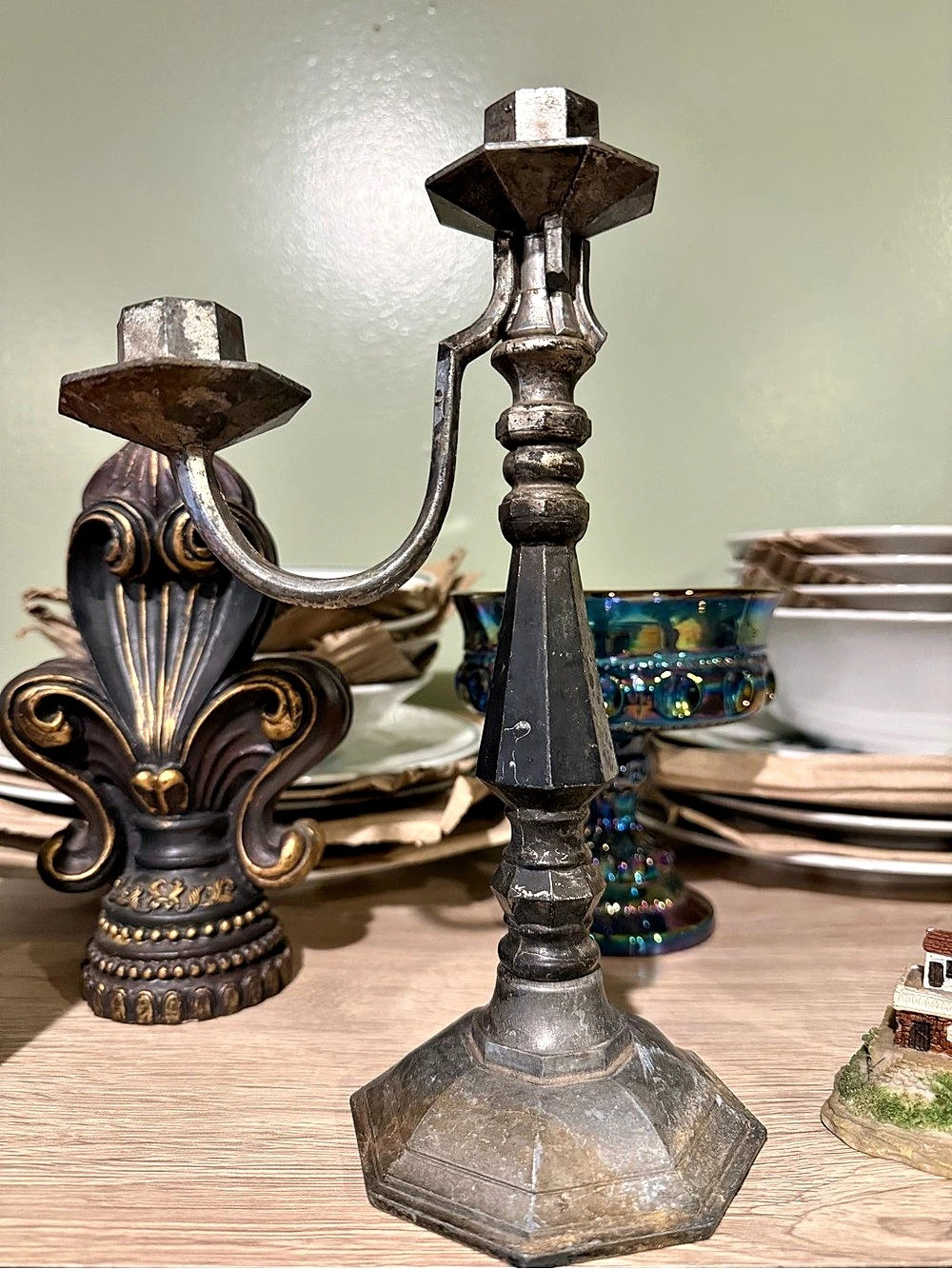 Ornate Gray & Black Metal Candlestick Decor